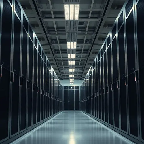 Rows of server racks in a modern data center, showing glowing status lights.