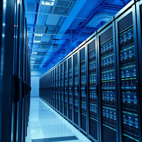 Rows of blinking server racks in a modern data center facility, illustrating vast technology infrastructure.