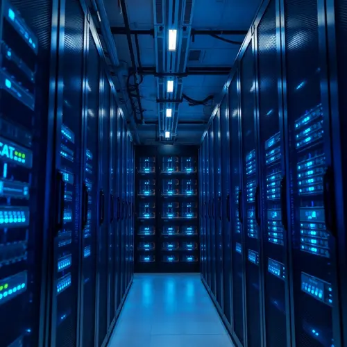 Image of modern server racks in a data center with blue lighting.