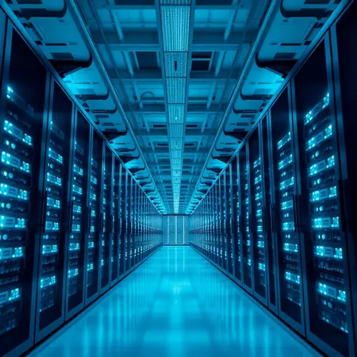 Interior of a modern data center with rows of server racks, showcasing technological infrastructure.