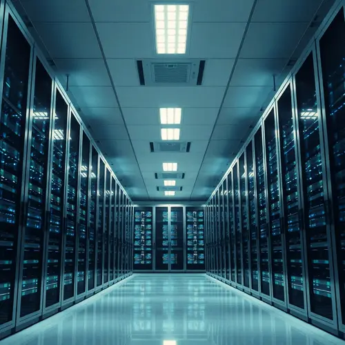 A modern server room with numerous computing racks, depicting digital infrastructure.