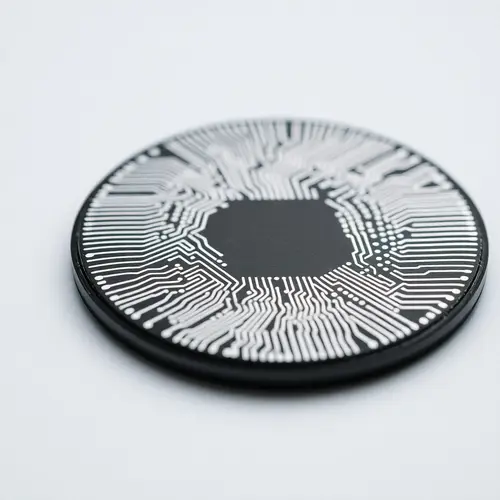 A close-up view of a silicon semiconductor wafer showing complex integrated circuit designs.