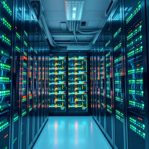 Rows of modern server racks with indicator lights in a clean data center facility.