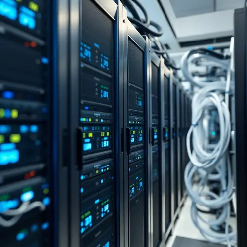 Close-up view of server racks and wiring in a modern data center.