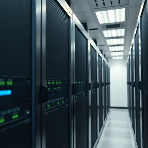 Server racks with blinking lights in a modern data center, representing digital infrastructure.