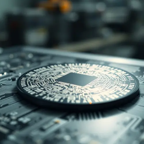 A close-up of a silicon semiconductor wafer with complex integrated circuit patterns.