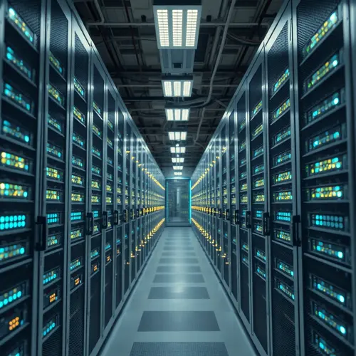 Rows of server racks with blinking lights in a modern data center.
