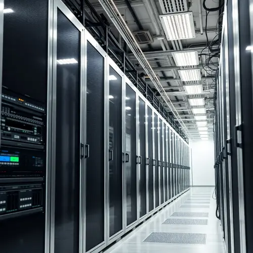 Detailed view of modern server racks and networking equipment in a professional data center.