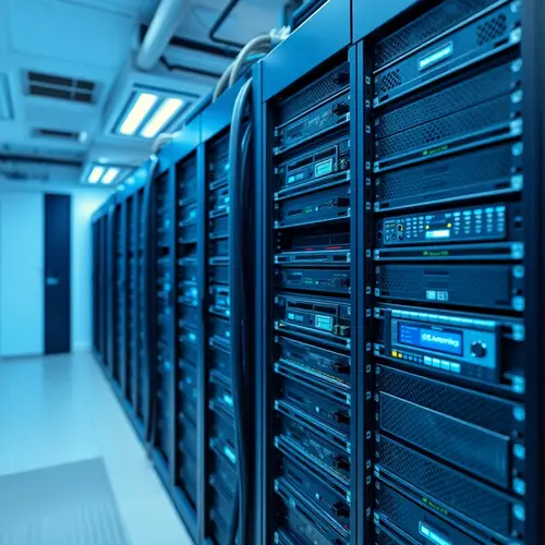 Close-up of a server rack in a contemporary data center.