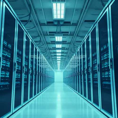 A wide shot of multiple rows of server racks inside a clean, modern data center with cool lighting.