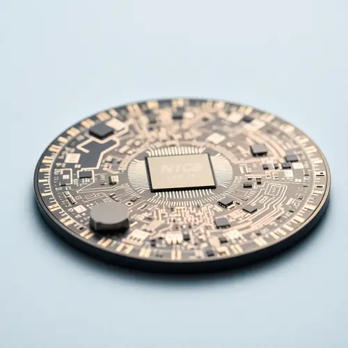 Macro photograph of a silicon wafer with detailed integrated circuits.