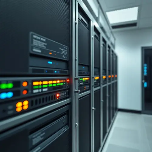 A detailed view of server racks with active indicator lights in a modern data center, illustrating technology infrastructure.