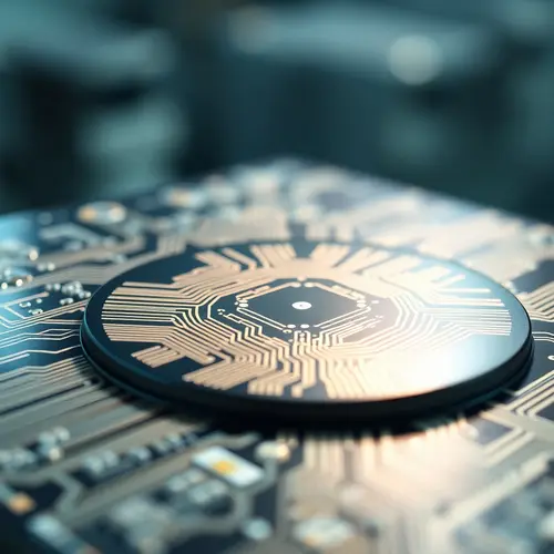 Close-up of a silicon wafer with integrated circuits, reflecting cleanroom lights.