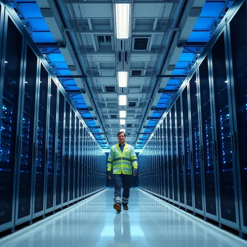 A modern data center with rows of server racks, cool blue lighting, and a technician.