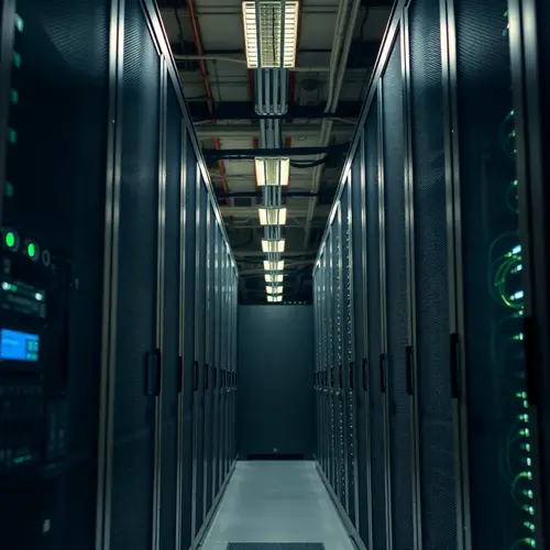 Detailed view of a modern data center showing rows of server racks with blinking lights and cooling infrastructure.