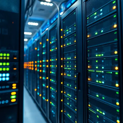 Rows of server racks with blinking lights in a modern data center environment
