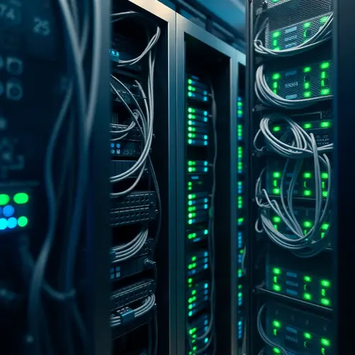 A detailed photograph of a modern server rack within a data center, showing hardware and blinking lights.