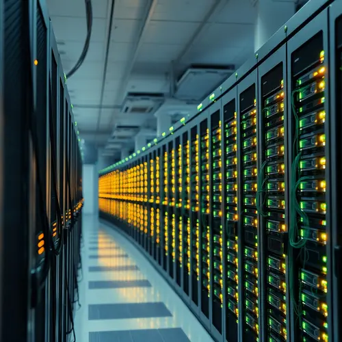 A long aisle of modern server racks with glowing indicator lights inside a data center, illustrating digital infrastructure.