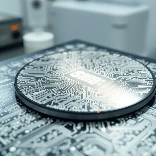A close-up photograph of a silicon semiconductor wafer with detailed circuit patterns under bright, cleanroom lighting.