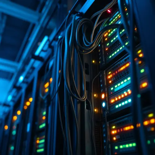Close-up image of an illuminated server rack with cables and lights in a modern data center.