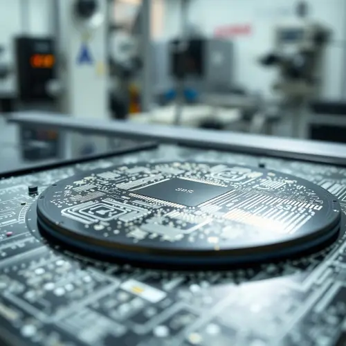 Close-up image of a silicon wafer displaying advanced microchip circuitry.