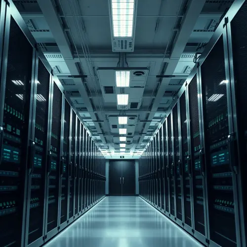 Rows of server racks inside a large, modern data center.