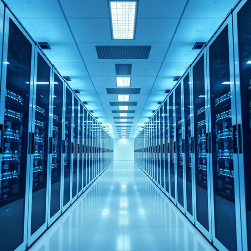 Rows of server racks in a modern data center with blue and white lighting.