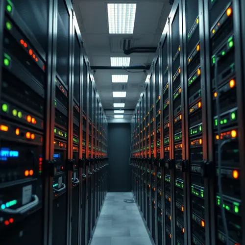 Rows of server racks with blinking lights in a data center