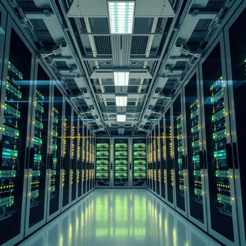 Rows of modern server racks inside a pristine data center with network cables.