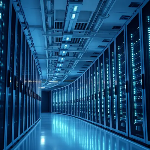 A clean, modern data center with rows of server racks and subtle blue lighting, depicting digital infrastructure.