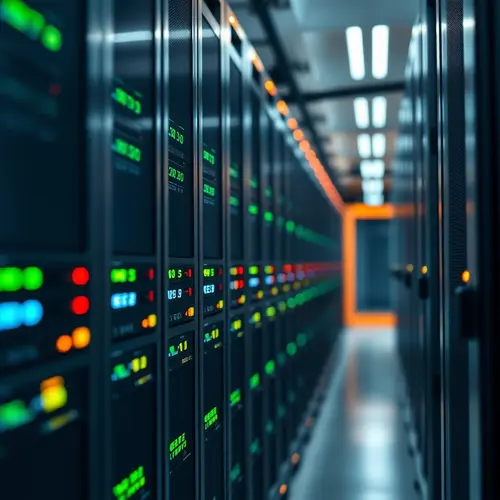 A detailed view of a server rack with lights in a data center