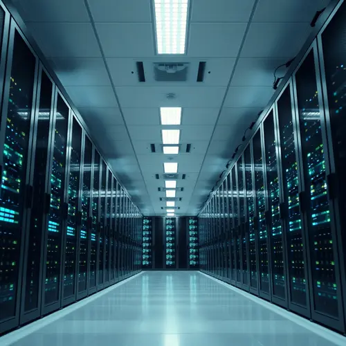 Rows of servers and blinking lights in a modern data center, illustrating computing infrastructure.