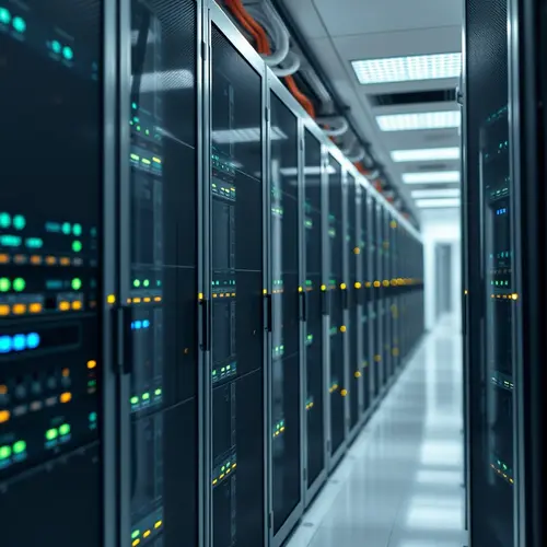 Server racks with indicator lights in a large, modern data center.