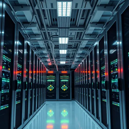 A wide shot of a pristine data center interior with multiple server racks and infrastructure.