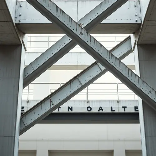 A minimalist image of industrial architecture with concrete and steel elements.