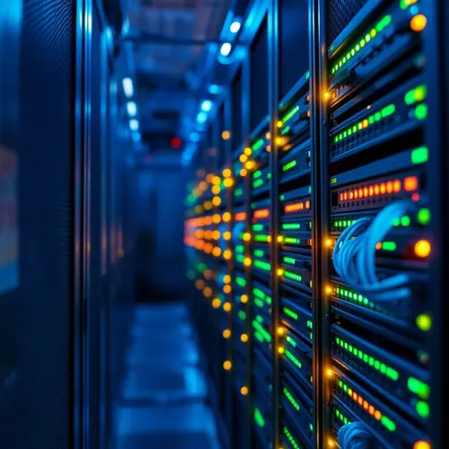 A detailed view of a server rack within a data center, showing network cables and blinking status lights.