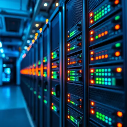 Close-up of server racks with blinking lights in a modern data center environment
