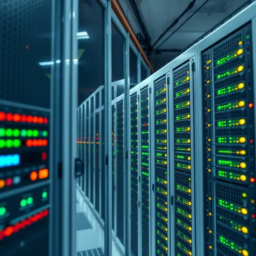 A detailed view of a server rack within a data center, showing equipment and indicator lights.
