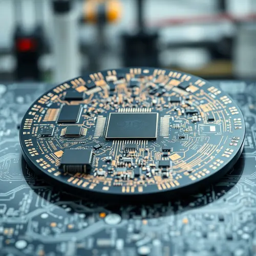 A close-up view of a silicon wafer with intricate integrated circuits, representing advanced technology.