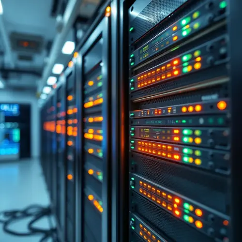 A detailed view of server racks within a modern data center, showcasing hardware and blinking indicator lights.