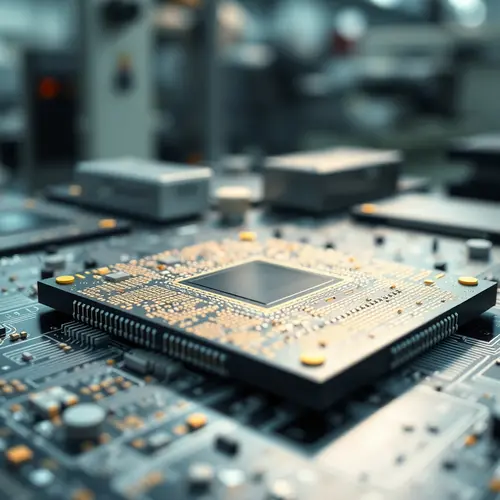 A close-up view of a silicon wafer showing microscopic integrated circuits and semiconductor components.
