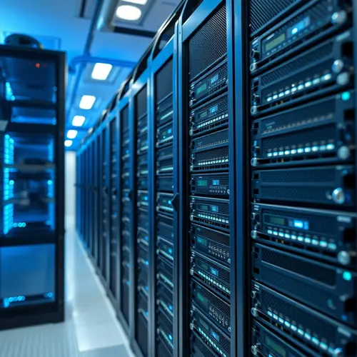 Modern server racks inside a data center with blue ambient lighting.