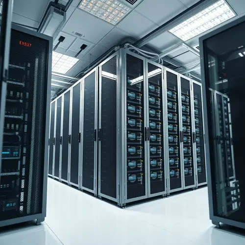 Rows of advanced server racks and cooling units within a meticulously organized data center.