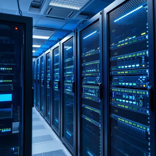 Rows of server racks in a modern data center with cool lighting.