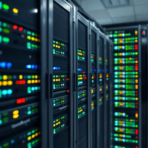Rows of servers with indicator lights in a data center environment