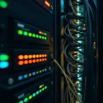 A detailed view of a server rack inside a data center, showing equipment and network cables.