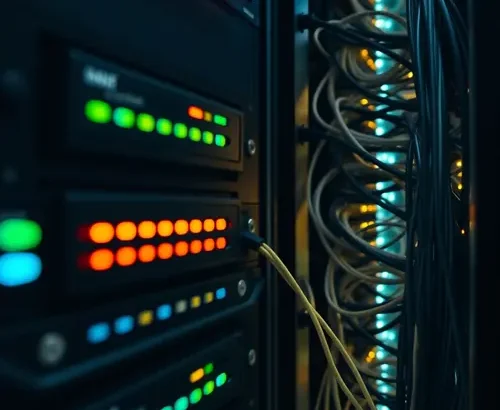 A detailed view of a server rack inside a data center, showing equipment and network cables.