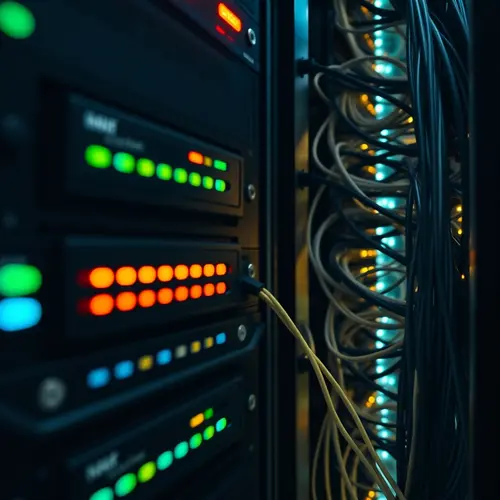 A detailed view of a server rack inside a data center, showing equipment and network cables.