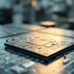 Close-up of a silicon wafer displaying intricate microchip patterns