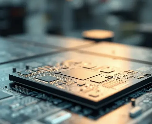 Close-up of a silicon wafer displaying intricate microchip patterns